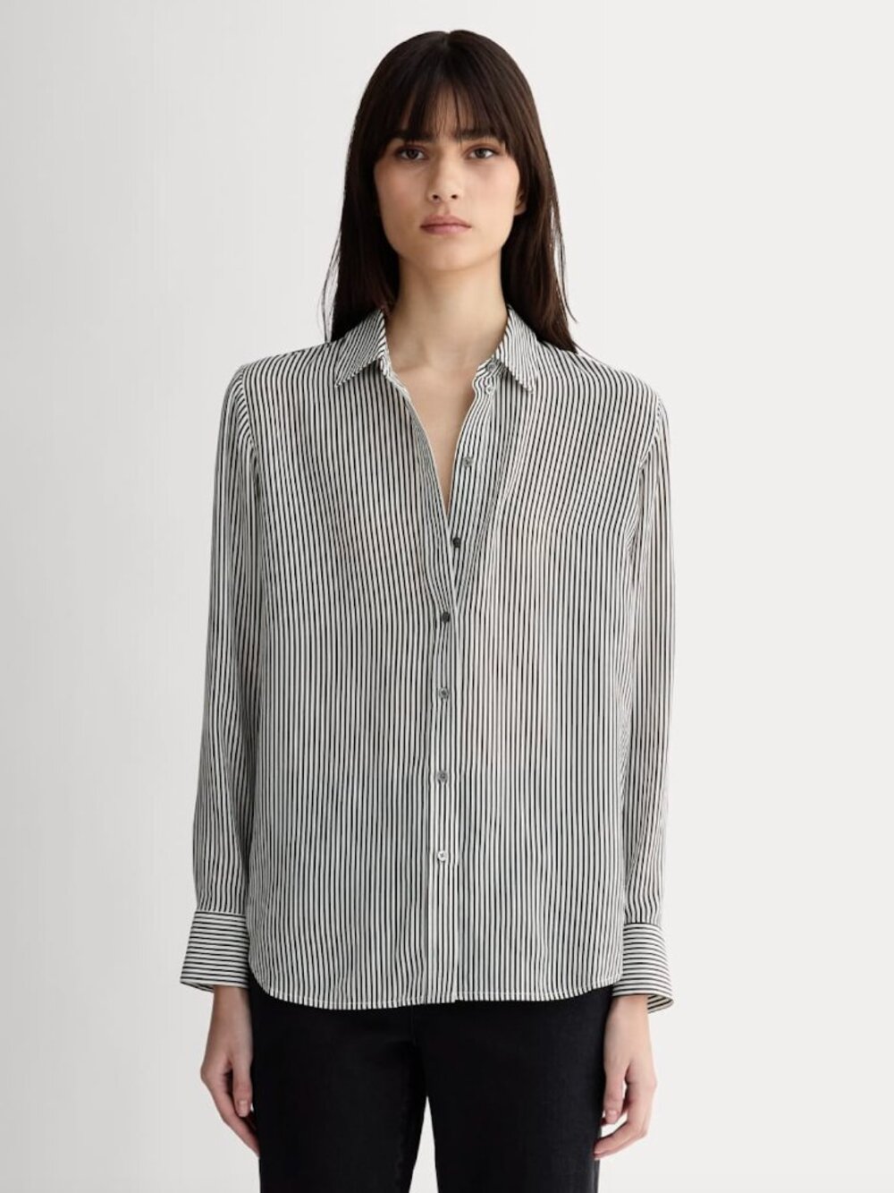 Everlane Black White Long Sleeve Micro Stripe Button Down Shirt Washable Silk, 6
